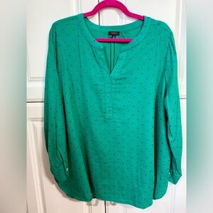 Talbots Green Top with Navy Metallic Polka Dots